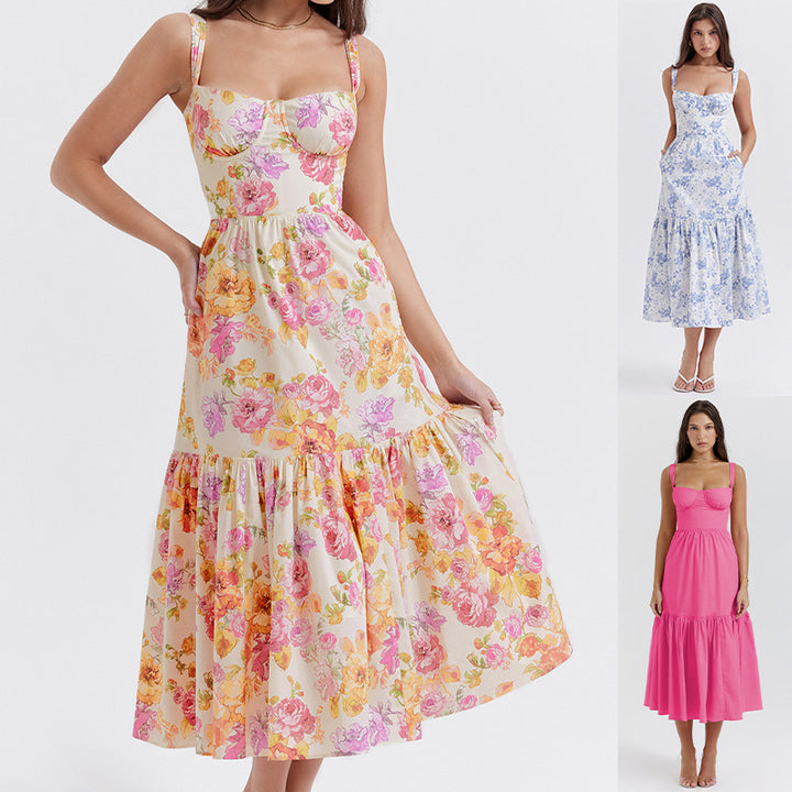 Dame midikjole med bustier-design og let volant Stilla