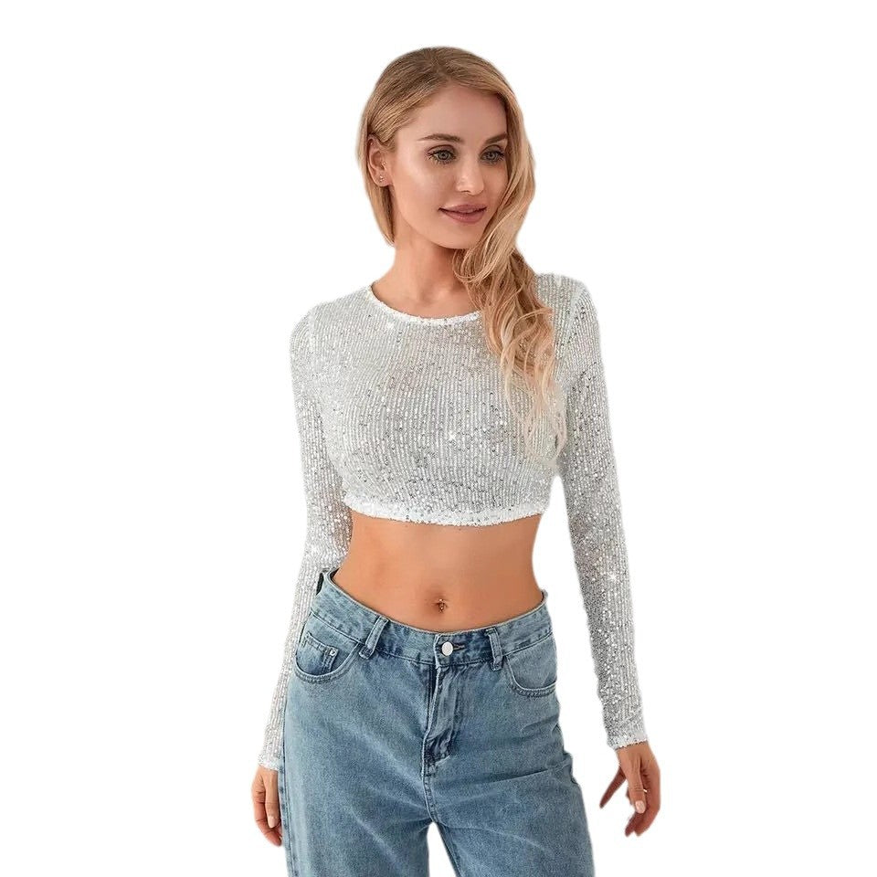 Dame Glitrende Cropped-Top med lange ærmer og funklende design Stilla