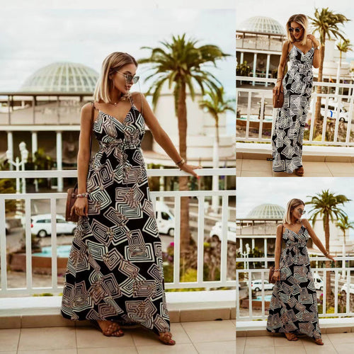 Femme Geometrisk Print Maxi Kjole med justerbart Bindebælte Stilla