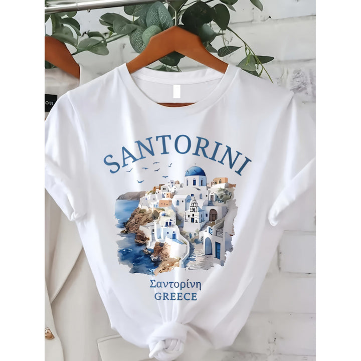 Dame T-shirt med kunstnerisk Santorini-motiv og afslappet snit Stilla