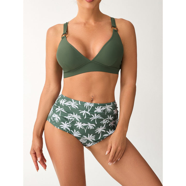 Dame Bikini-sæt med høj talje og moderne palmeprint Skovae