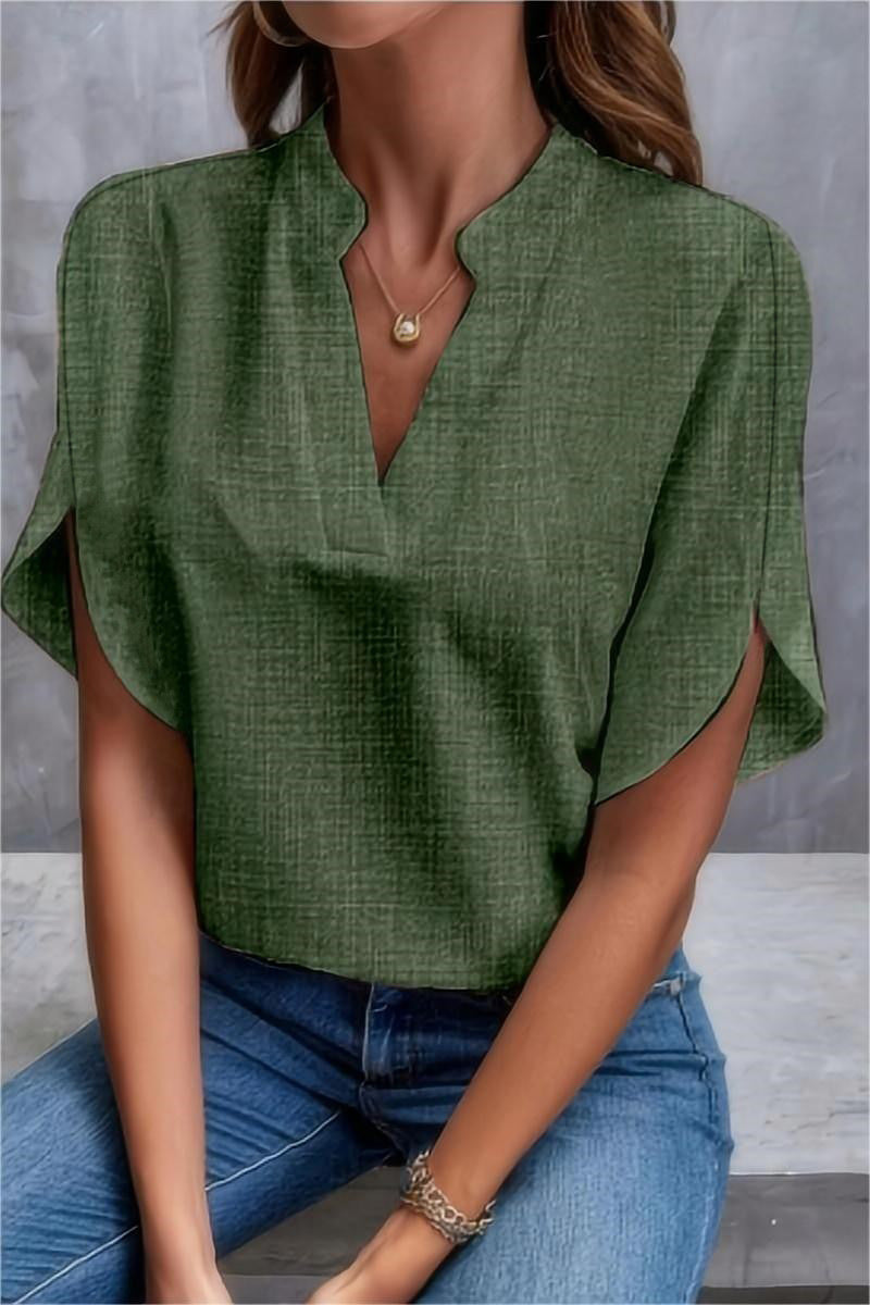 Dame elegant kortærmet bluse med moderne ståkrave og casual sideslidser Stilla