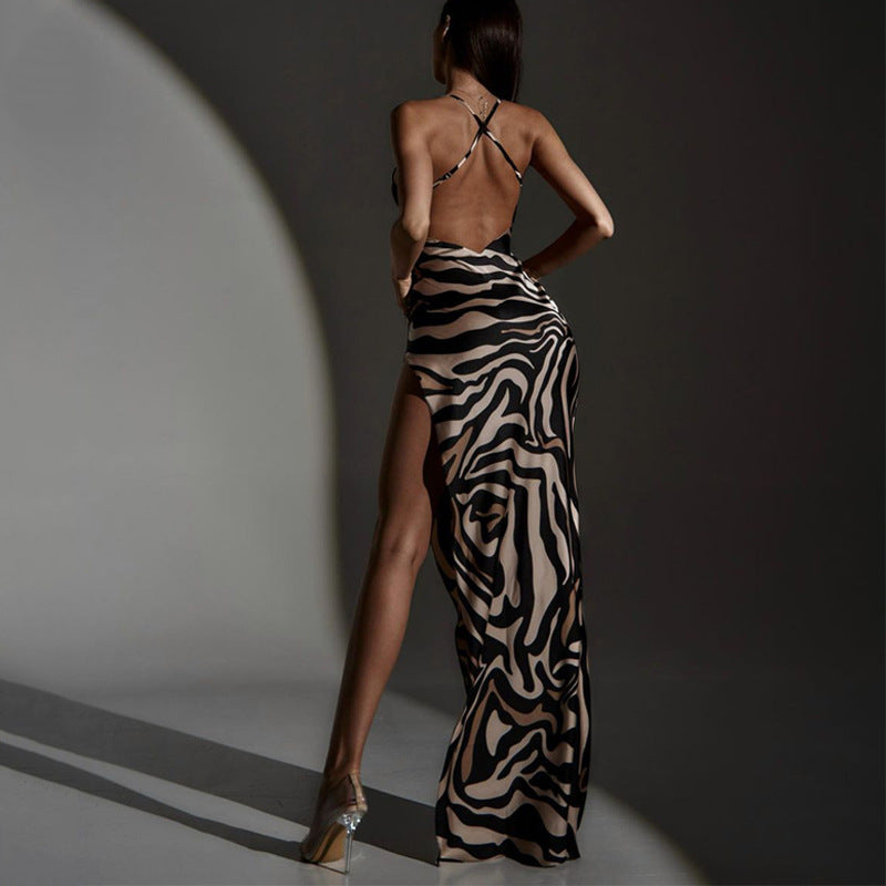 Dame Elegant maxikjole med kreativ zebra-mønster og raffineret spidse-middel Stilla