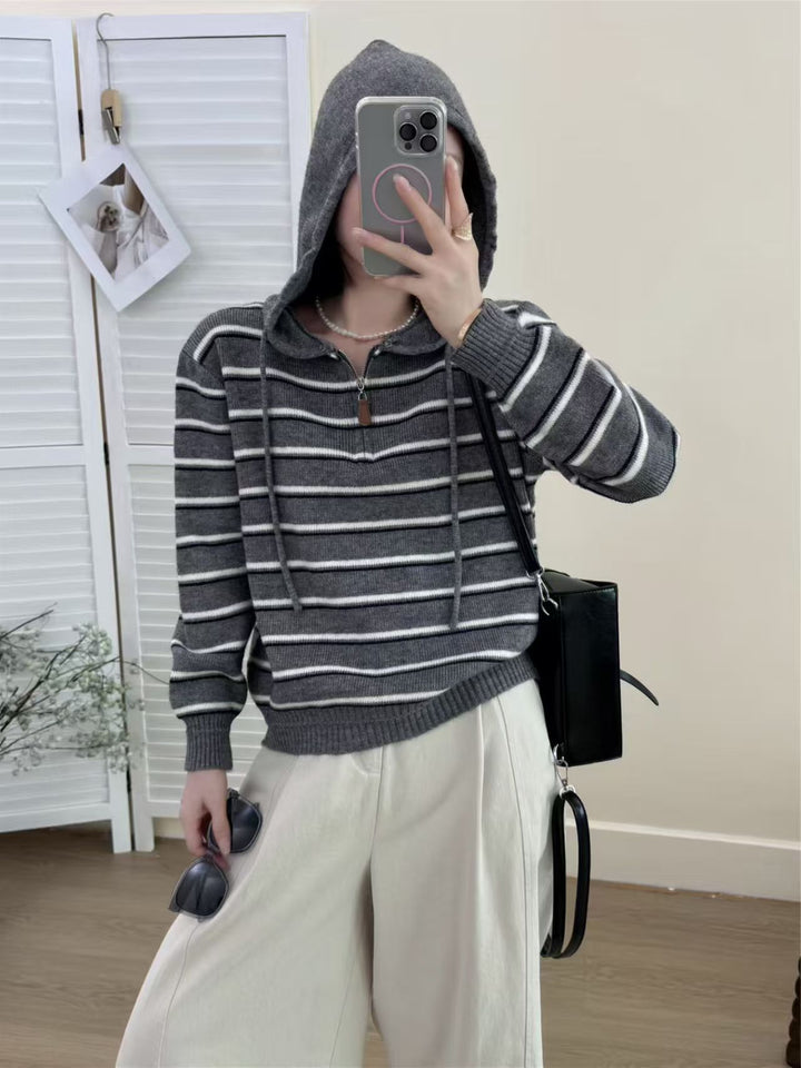 Damer fashionable hoodie sweater med tekstureret stribemønster Stilla