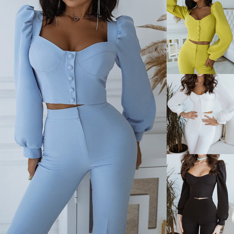 Dame Elegant Crop-Top og Bukser Sæt med Puffærmer og Knapdetaljer Stilla