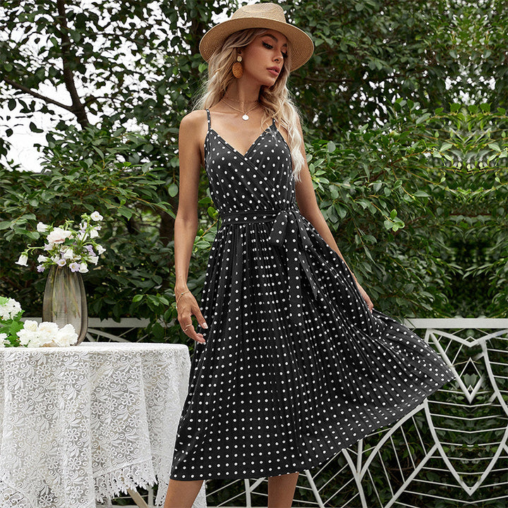 Dame Polka Dot Midi Kjole med Bæltetaske Stilla