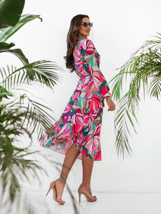 Dame Floral Print Langærmet Midi Kjole Stilla