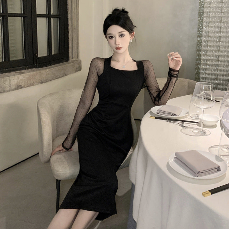 Stilla | Mesh-Kjole Slim Fit Mesh Splicing Kjole