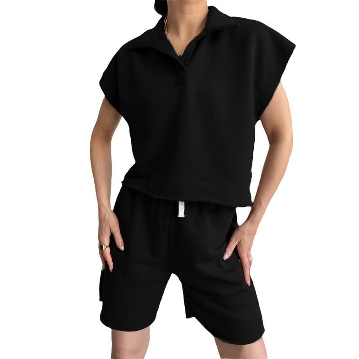 Kvinders casual fritidssæt med høj krave og elastiske shorts Skovae