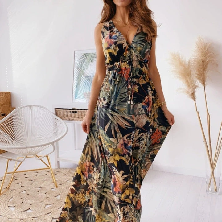 Dame Maxikjole med blomsterprint og figursyet overdel Skovae