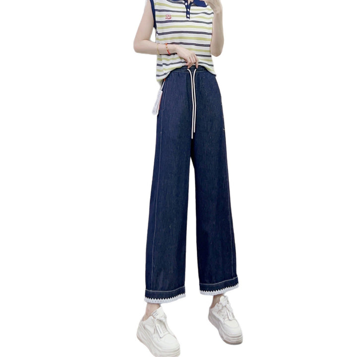 Dame Bred Denim Bukser med elastisk Talje og Dekorativ Bund Stilla