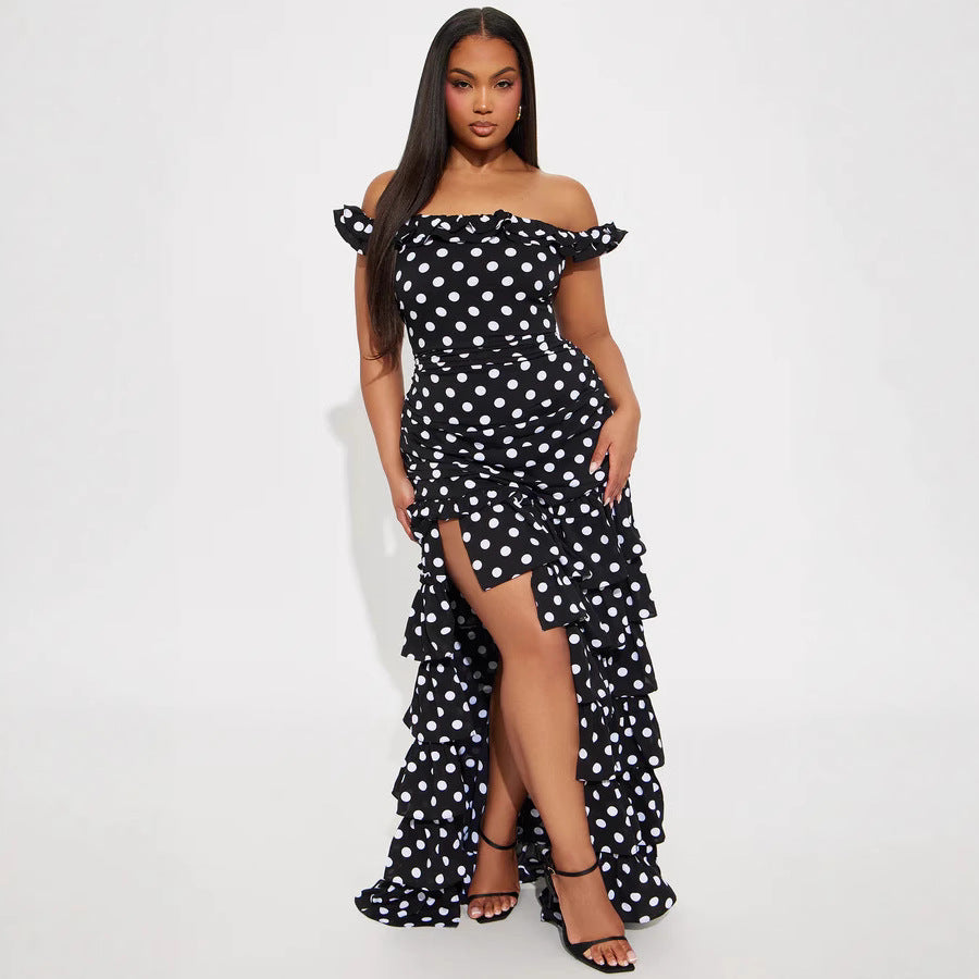 Dame Off-Shoulder Maxikjole med flæser og spændende slids Skovae