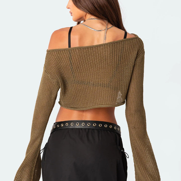 Dame Strik Crop Top og Shorts Sæt med Off-Shoulder Design Stilla