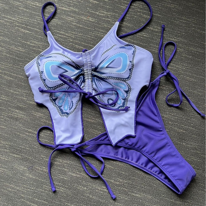 Dame bikini med legende sommerfugledesign og dyb udskæring Stilla