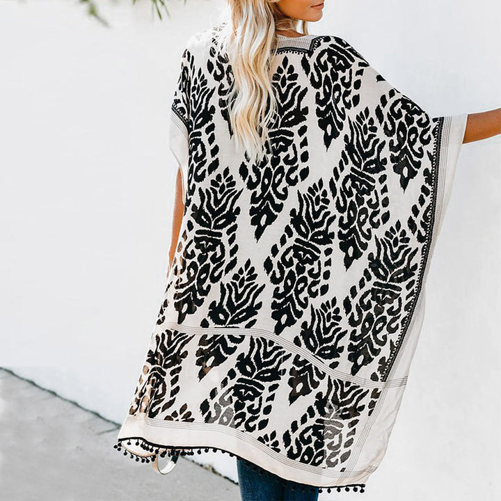 Dame Strandkimono med kunstnerisk mønster og glade frynser Stilla