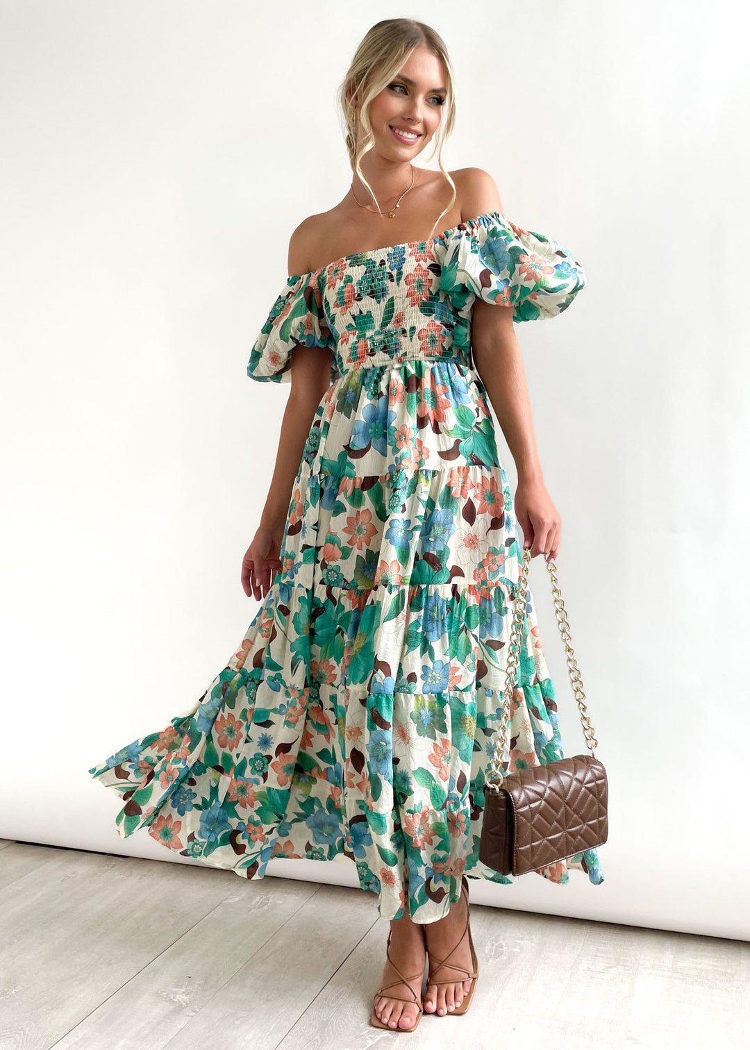 Dame Floral Puff Ærme Midi Kjole Stilla