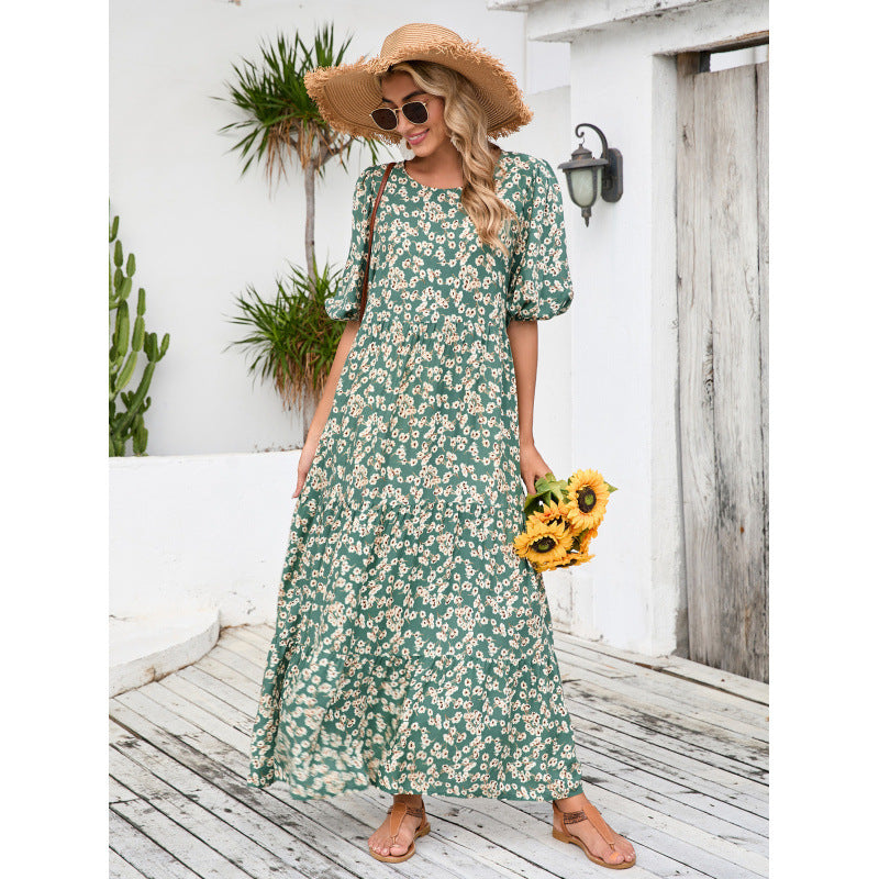 Dame Floral Maxi Kjole med Puffærmer og Lagdelt Skørt Stilla
