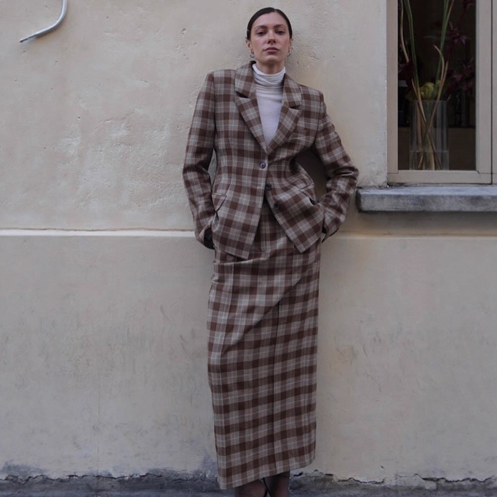 Dame rutet blazer- og miniskørt-kombination Stilla