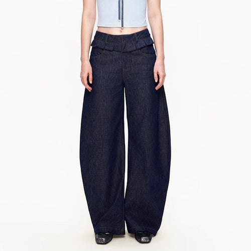 Kvinder brede denim bukser med høj talje og stilfulde plisseringer.