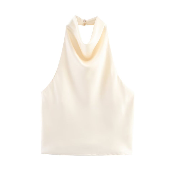 Dame elegant halterneck top med flydende snit og dekorative detaljer Skovae