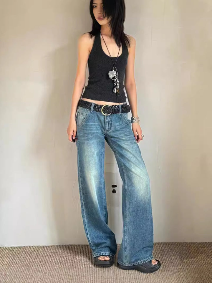 Dame bredden denim-bukser med høj talje og vintage-vask Stilla