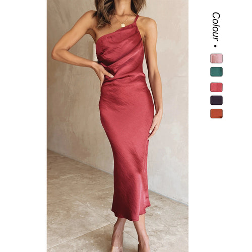 Women's satin midi dress with asymmetrical cut and elegant flair Skovae