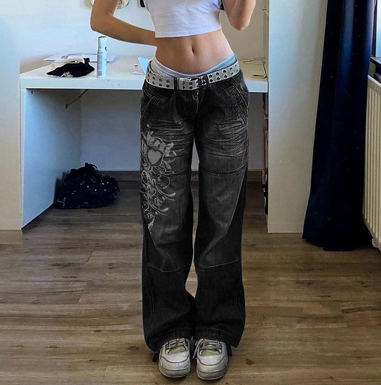 Dame Streetwear Jeans i afslappet bred pasform med trendy grafikdesign Stilla