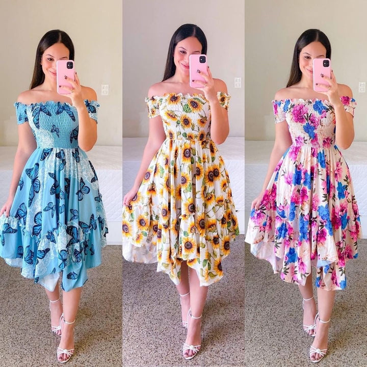 Stilla | Elegant Skulder-Baring Print Midi Kjole