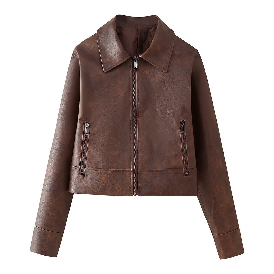 Dame Casual Cropped Kunstlæderjakke Stilla