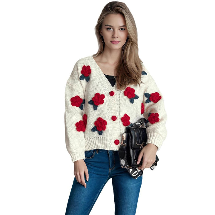 Kvinders hyggelige cardigan med blomster 3D-design og store knapper Stilla
