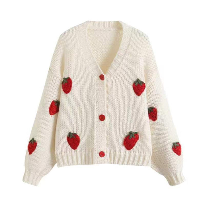 Kvinders cardigan med frugtagtige applikationer og moderne knapdetaljer Stilla