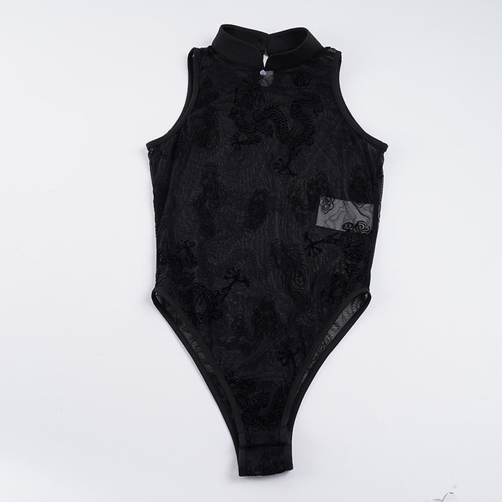 Dame sexy bodysuit med elegante spidsdetaljer og ståkrave Skovae