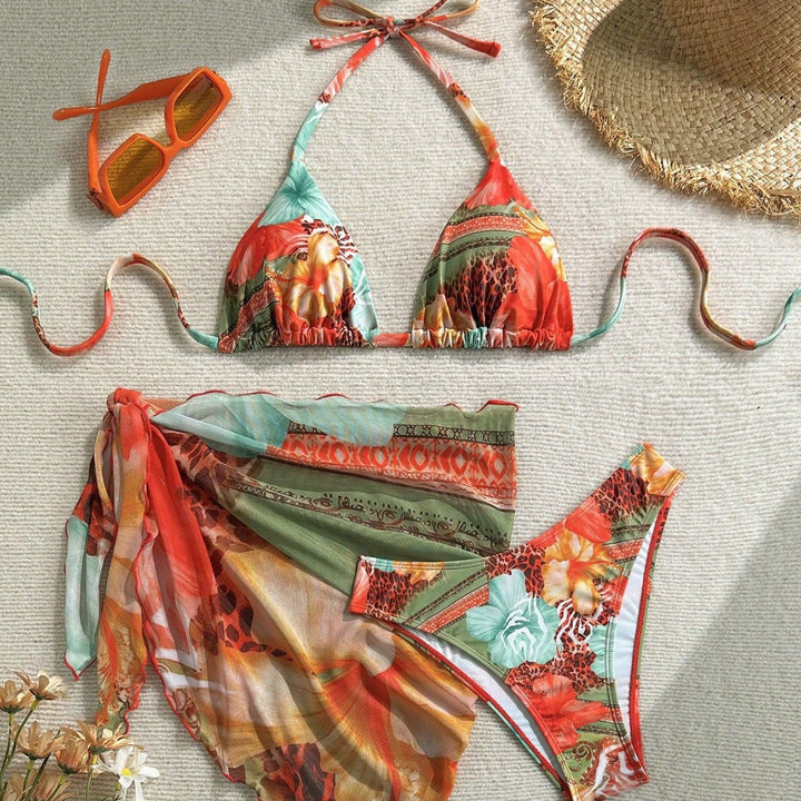 Dame Triangel-bikini med blomsterdesign og silkeagtig cover-up Skovae