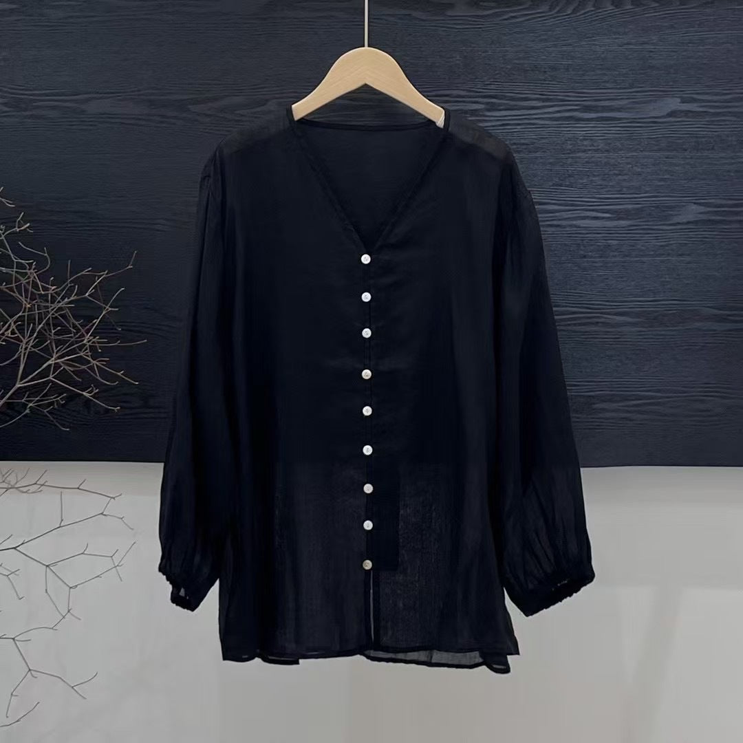 Femme Gennemsigtig Knap-Bluse med Puffærmer Stilla
