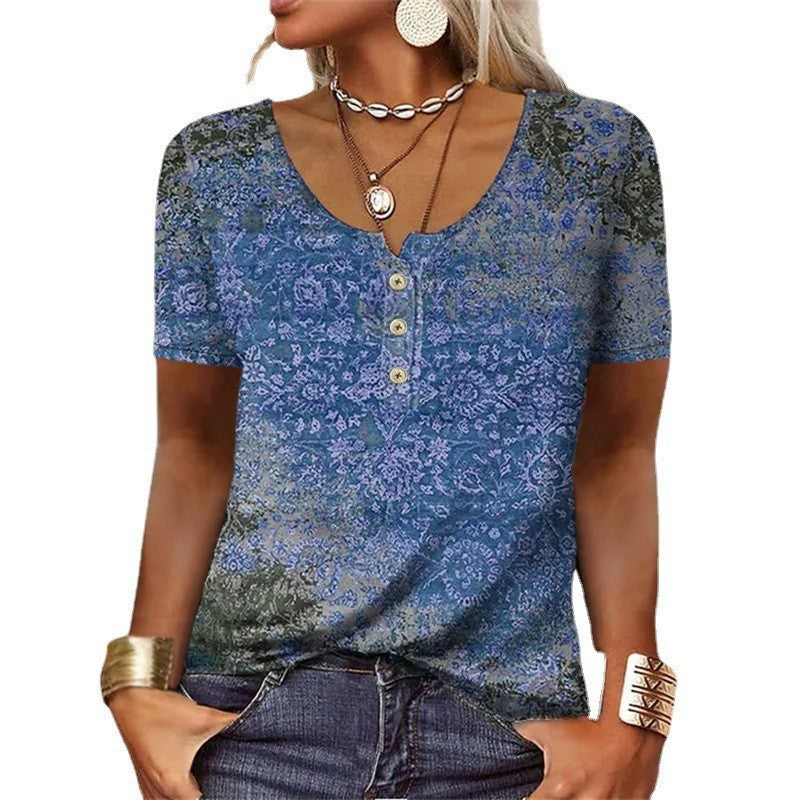 Dame Chic Henley-inspireret Grafik T-shirt Stilla