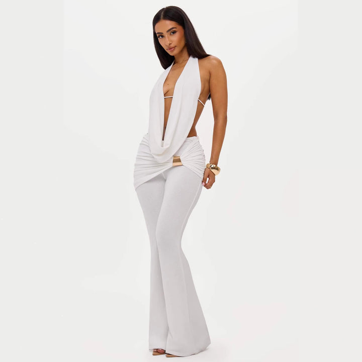 Dame Elegant jumpsuit med dobbelt krave og trendy rynkning Skovae