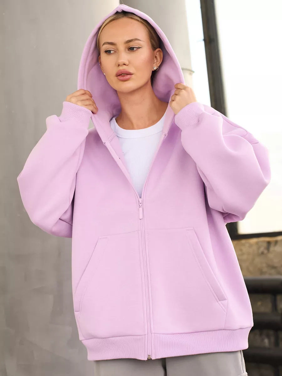 Women's Oversized Hooded Jacket with Zipper and Large Pockets Skovae