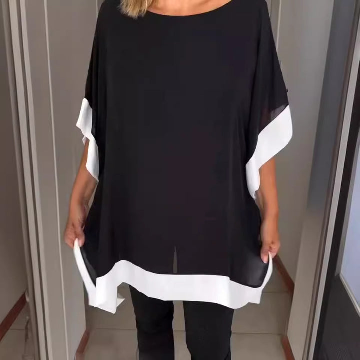 Dame Stilfuld Batik-bluse med bølget kant og kontrasterende ærmer Stilla