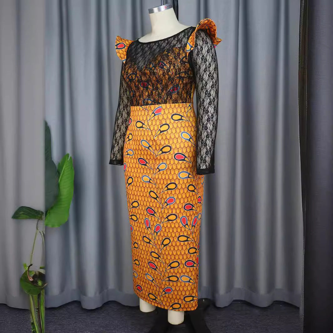 Dame Elegant Langærmet kjole med floral mønster og transparent spidstopføring Skovae
