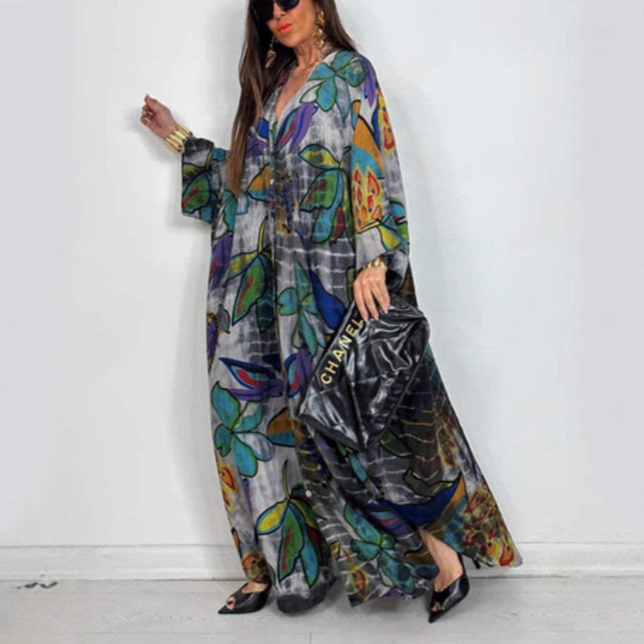 Dame Kaftan-stil Maxikjole med blomsterprint og løs pasform Stilla