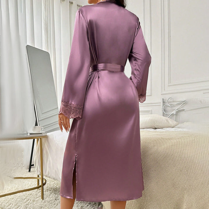 Dame elegant satin morgenkåbe med spids Stilla