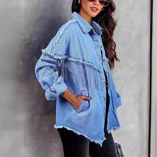 Dame Oversized Denim-Jakke med dekorative frynser og stilfulde perler Stilla
