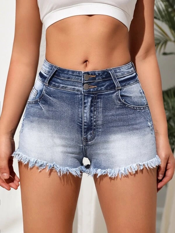 Dame denim-shorts med høj talje og frynset kant Stilla