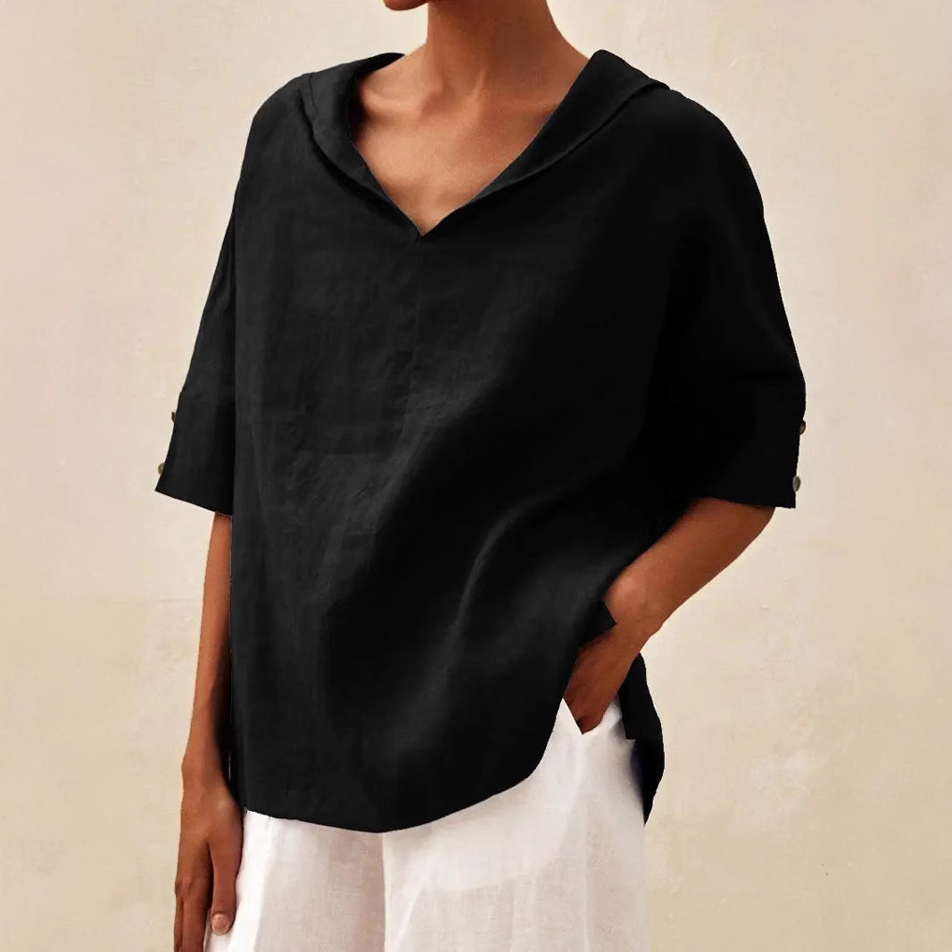 Dame afslappet linned blouse med hætte og korte ærmer Stilla