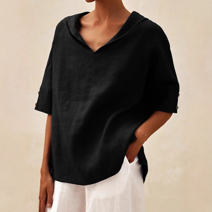 Dame afslappet linned blouse med hætte og korte ærmer Stilla