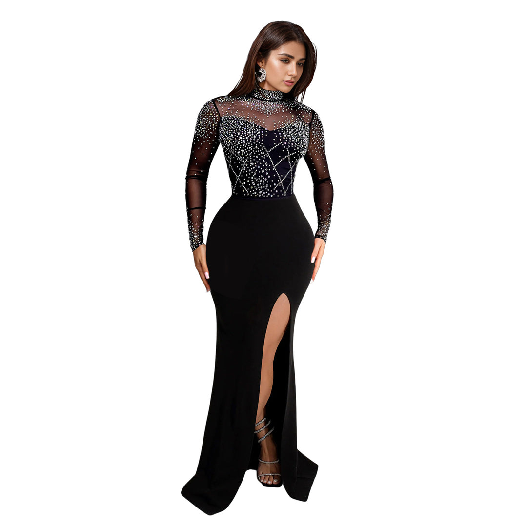 Dame Elegant aftenkjole med dekorative rhinestones-applikationer og nobelt slids Stilla
