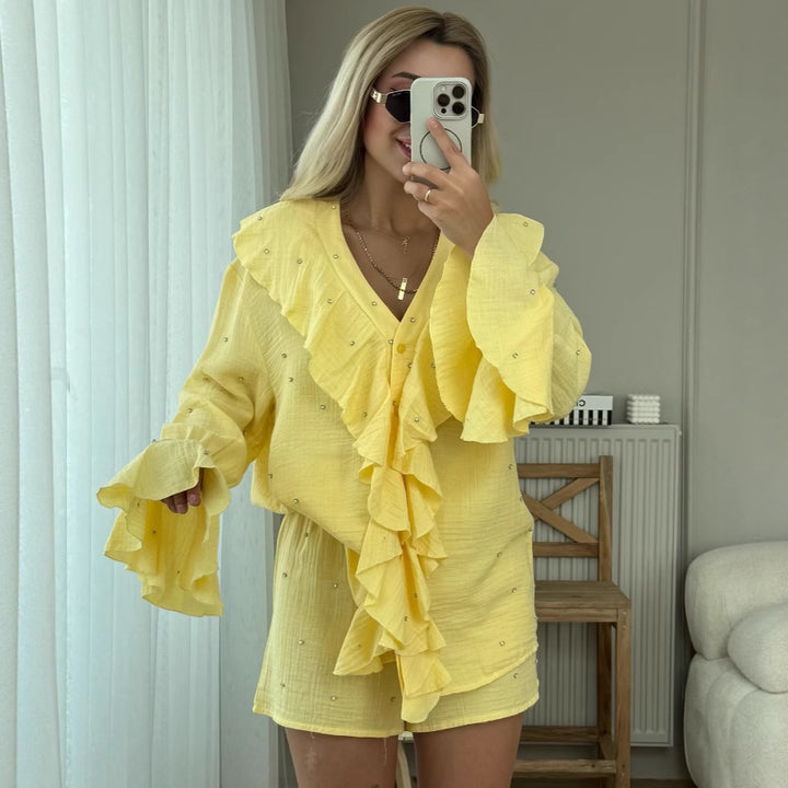 Damer Legesyg og elegant Flæsebluse-Shorts-Sæt Stilla