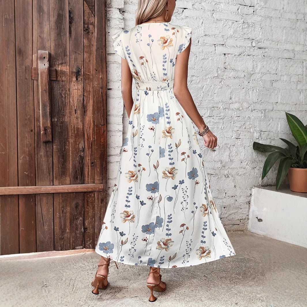 Dame let Maxi-kjole med blomsterdesign og V-hals Stilla