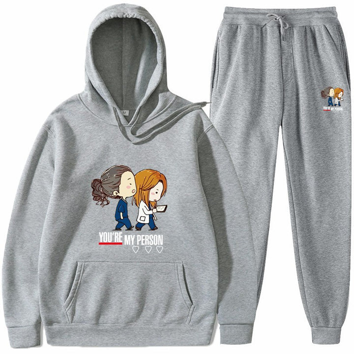 Dame Hoodie og Joggingbukser Sæt med Originalt Tegneserie Design Skovae