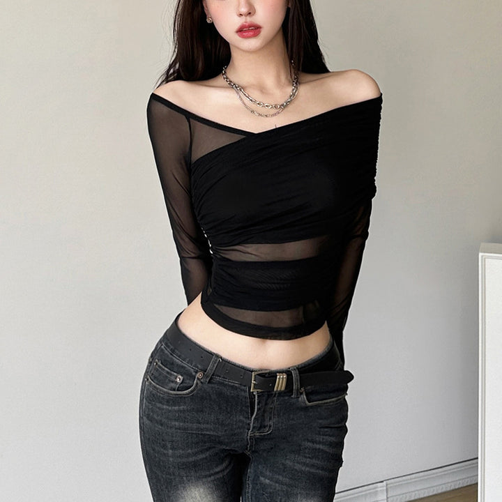 Dame Elegant Transparent Top med asymmetrisk snit og lange ærmer Stilla